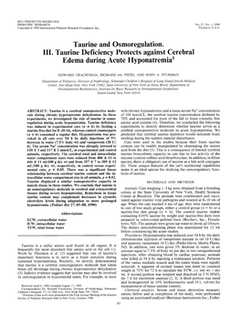 Taurine and Osmoregulation. 111. Taurine Deficiency Protects Against Cerebral Edema During Acute Hyponatremial