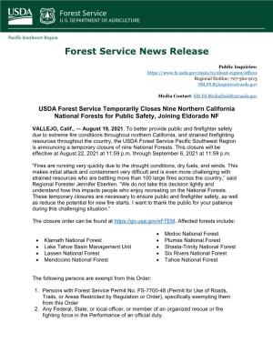 USFS Temporarily Closes Nine California Forests (Pdf