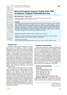 New Record Species of Genus Acartia; ‎Dana‎, 1846 (Crustacean: Copepod