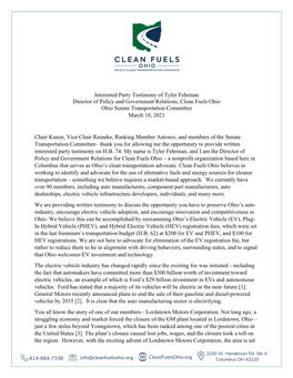 Interested Party Testimony of Tyler Fehrman Director of Policy and Government Relations, Clean Fuels Ohio Ohio Senate Transportation Committee March 10, 2021