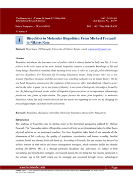 Biopolitics to Molecular Biopolitics: from Michael Foucault 1 to Nikolas Rose