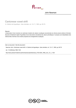 Cantonese Vowel Shift In: Cahiers De Linguistique - Asie Orientale, Vol