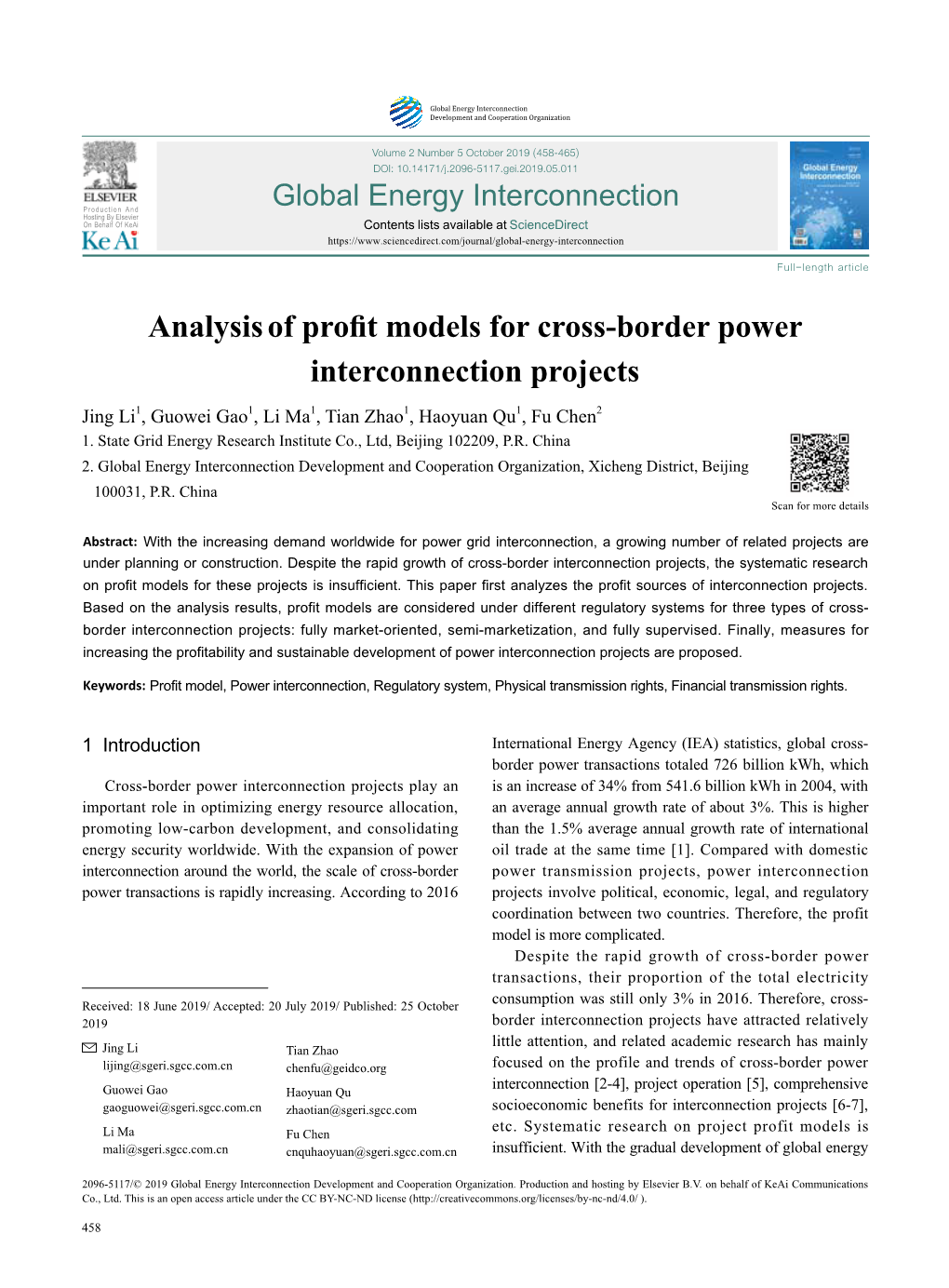 Analysisof Profit Models for Cross-Border Power Interconnection