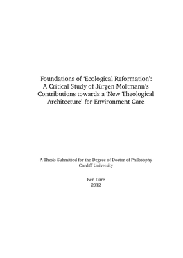 'Ecological Reformation': a Critical Study of Jürgen Moltmann's
