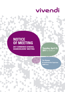 NOTICE of MEETING 2017 COMBINED GENERAL SHAREHOLDERS’ MEETING Tuesday, April 25, 2017 at 10:00 A.M