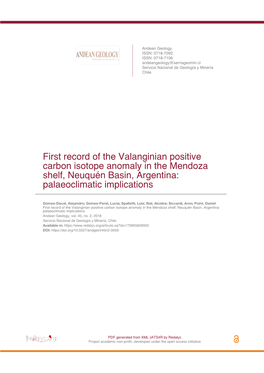 First Record of the Valanginian Positive Carbon Isotope Anomaly in the Mendoza Shelf, Neuquén Basin, Argentina: Palaeoclimatic Implications