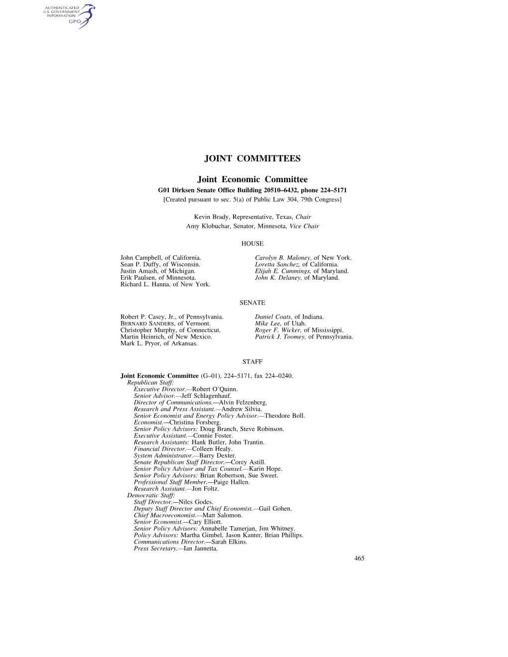 JOINT COMMITTEES Joint Economic Committee