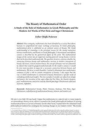 The Beauty of Mathematical Order a Study of the Role of Mathematics in Greek Philosophy and the Modern Art Works of Piet Hein and Inger Christensen