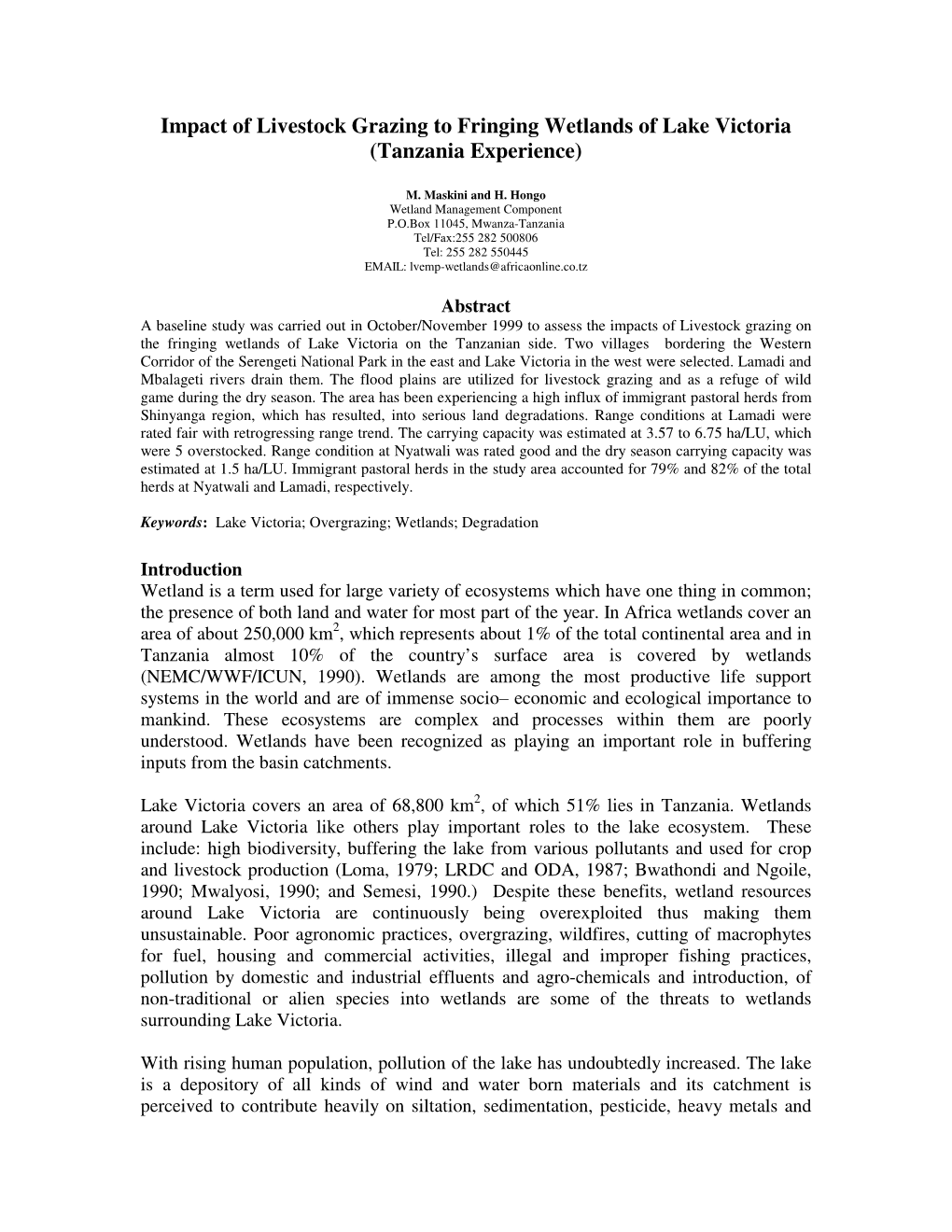 Impact of Livestock Grazing to Fringing Wetlands of Lake Victoria (Tanzania Experience)