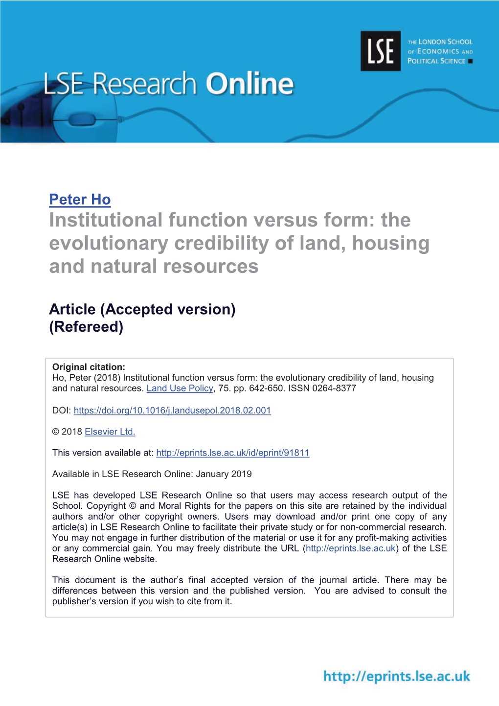 Institutional Function Versus Form: the Evolutionary Credibility of Land, Housing and Natural Resources