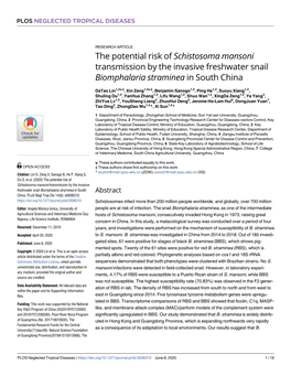 The Potential Risk of Schistosoma Mansoni Transmission by the Invasive Freshwater Snail Biomphalaria Straminea in South China