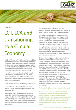 LCT, LCA and Transitioning to a Circular Economy | July 2020 | LCANZ 1 LCT, LCA and CE at a Glance