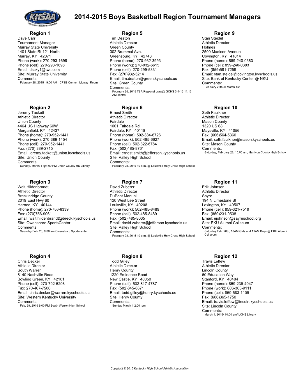 2014-2015 Boys Basketball Region Tournament Managers