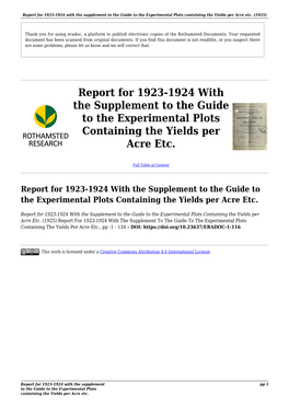 Report for 1923-1924 with the Supplement to the Guide to the Experimental Plots Containing the Yields Per Acre Etc