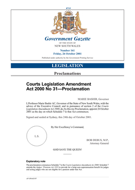 Government Gazette of the STATE of NEW SOUTH WALES Number 161 Friday, 26 October 2001 Published Under Authority by the Government Printing Service