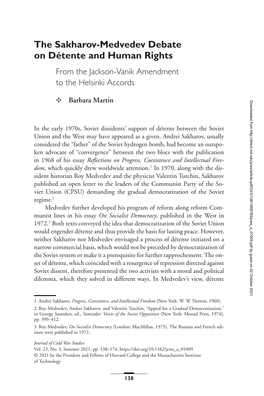 The Sakharov-Medvedev Debate on Détente and Human Rights from the Jackson-Vanik Amendment to the Helsinki Accords
