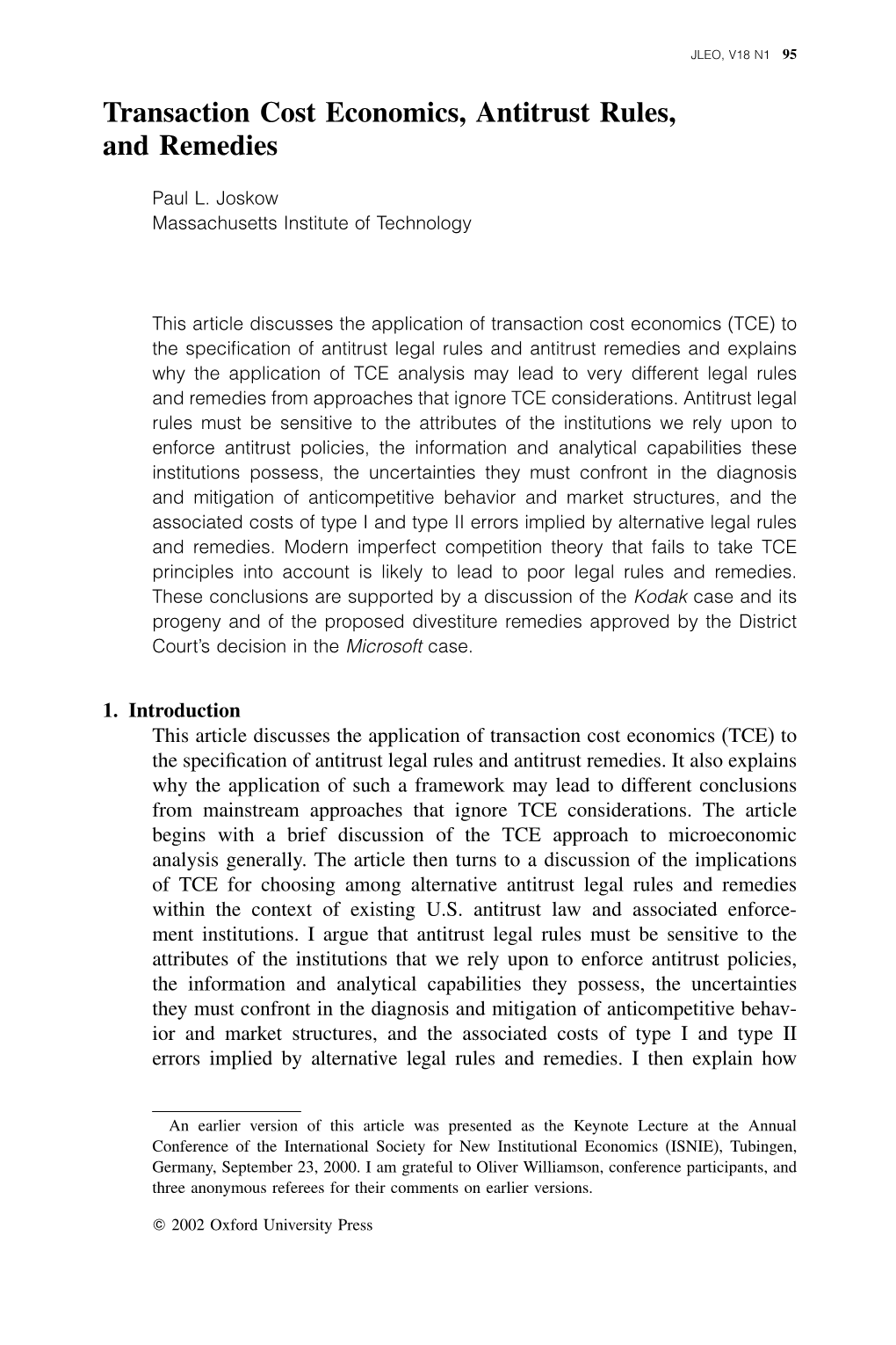 Transaction Cost Economics, Antitrust Rules, and Remedies