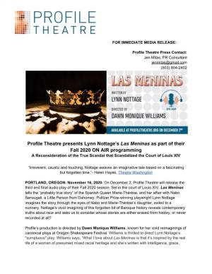 Profile Theatre Presents Lynn Nottage's ​Las Meninas ​As Part of Their Fall 2020 on AIR Programming