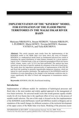 “Kineros” Model for Estimation of the Flood Prone Territories in the Malki Iskar River Basin