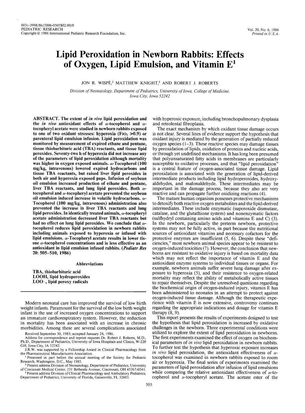 Lipid Peroxidation in Newborn Rabbits: Effects of Oxygen, Lipid Emulsion, and Vitamin El