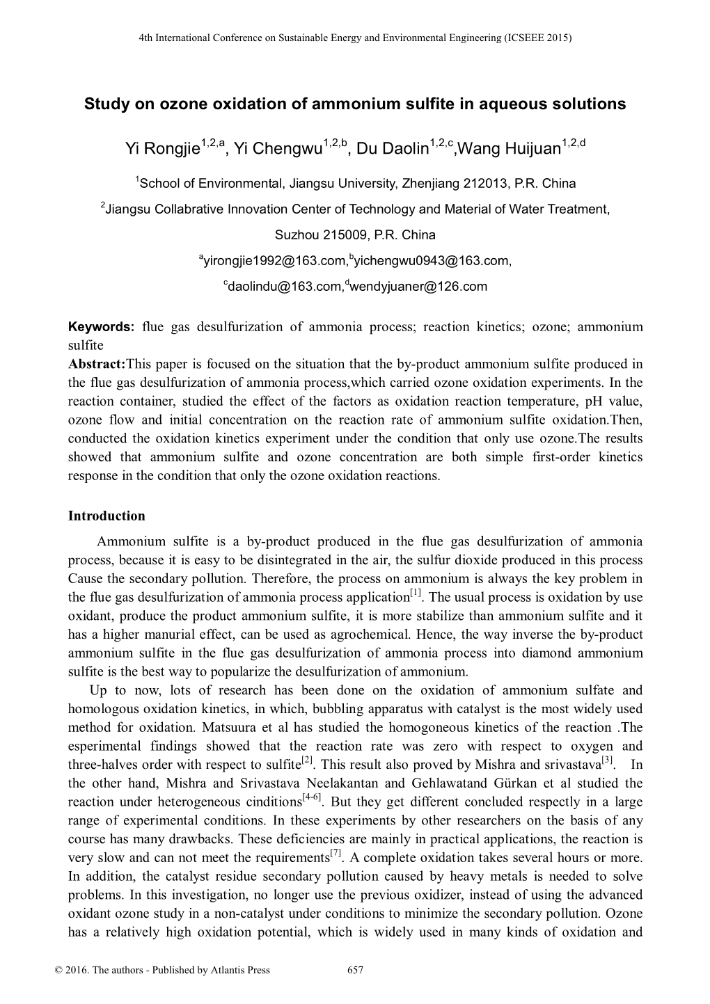 Study on Ozone Oxidation of Ammonium Sulfite in Aqueous Solutions Yi Rongjie , Yi Chengwu , Du Daolin ,Wang Huijuan