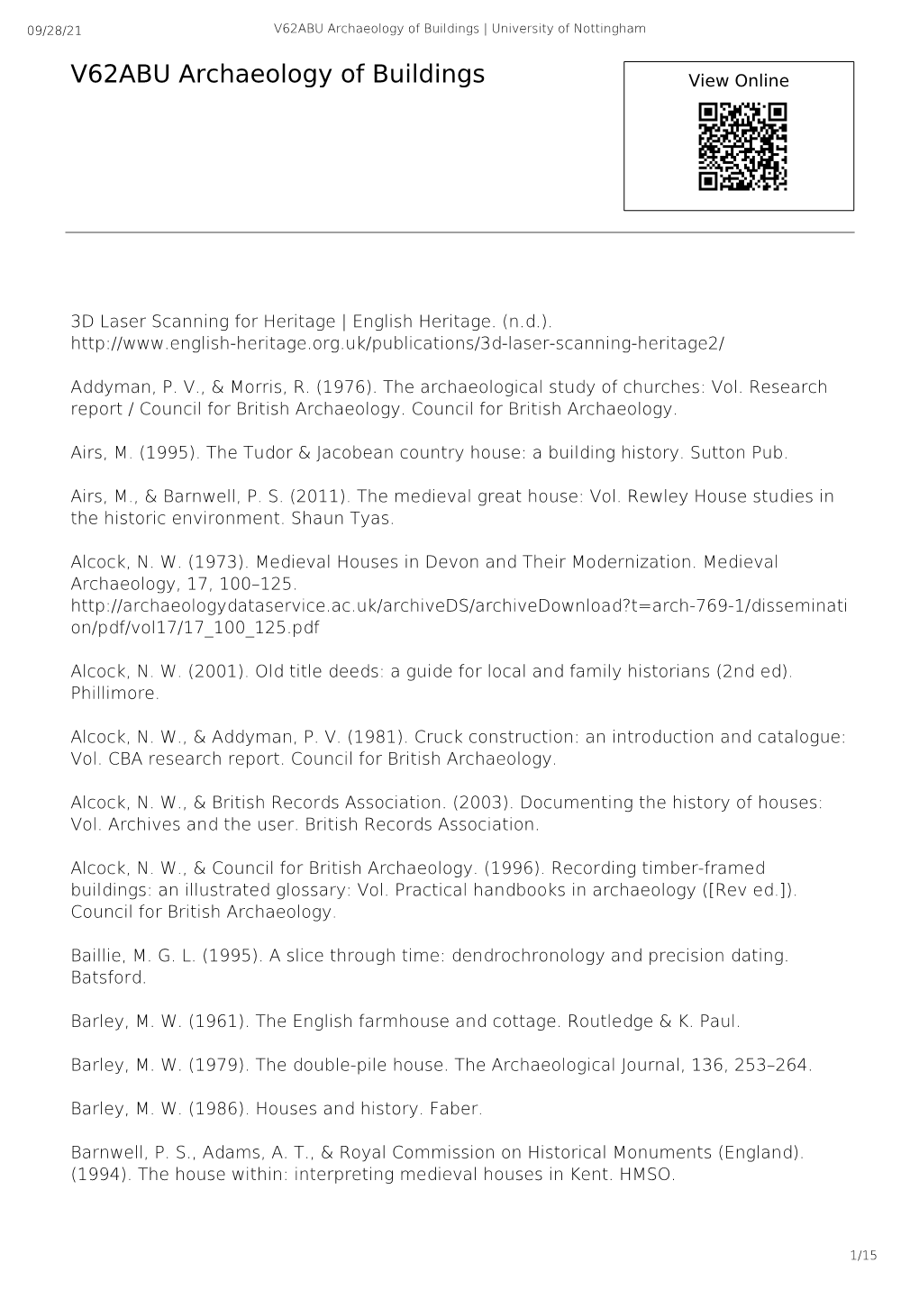 V62ABU Archaeology of Buildings | University of Nottingham