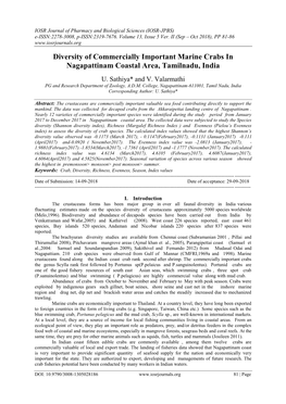 Diversity of Commercially Important Marine Crabs in Nagapattinam Coastal Area, Tamilnadu, India