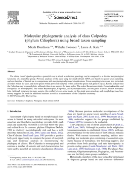 Molecular Phylogenetic Analysis of Class Colpodea (Phylum Ciliophora) Using Broad Taxon Sampling