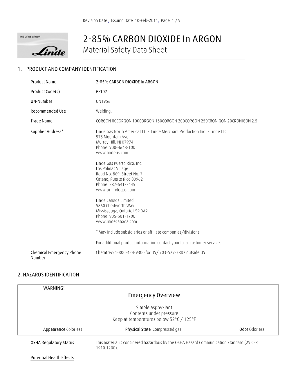 2-85% CARBON DIOXIDE in ARGON Material Safety Data Sheet ______