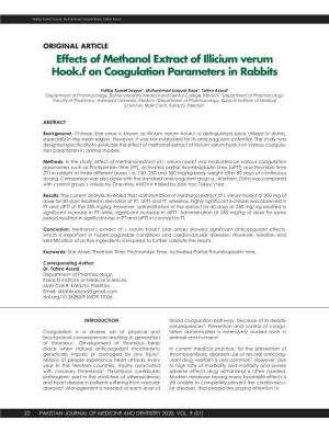 Effects of Methanol Extract of Illicium Verum Hook.F on Coagulation Parameters in Rabbits