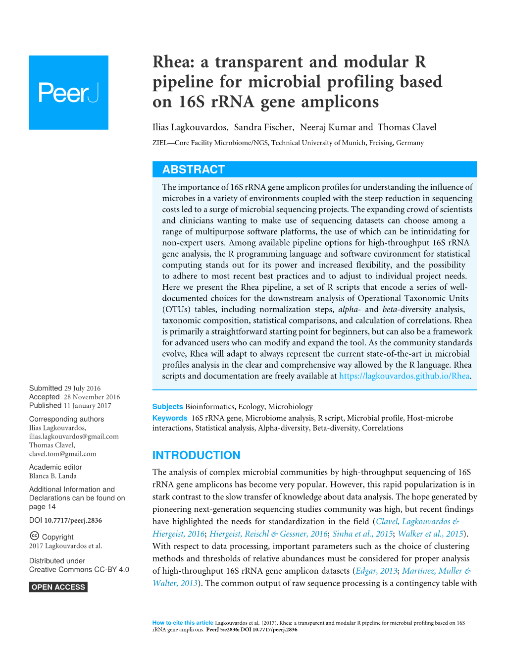 Rhea: a Transparent and Modular R Pipeline for Microbial Profiling Based on 16S Rrna Gene Amplicons