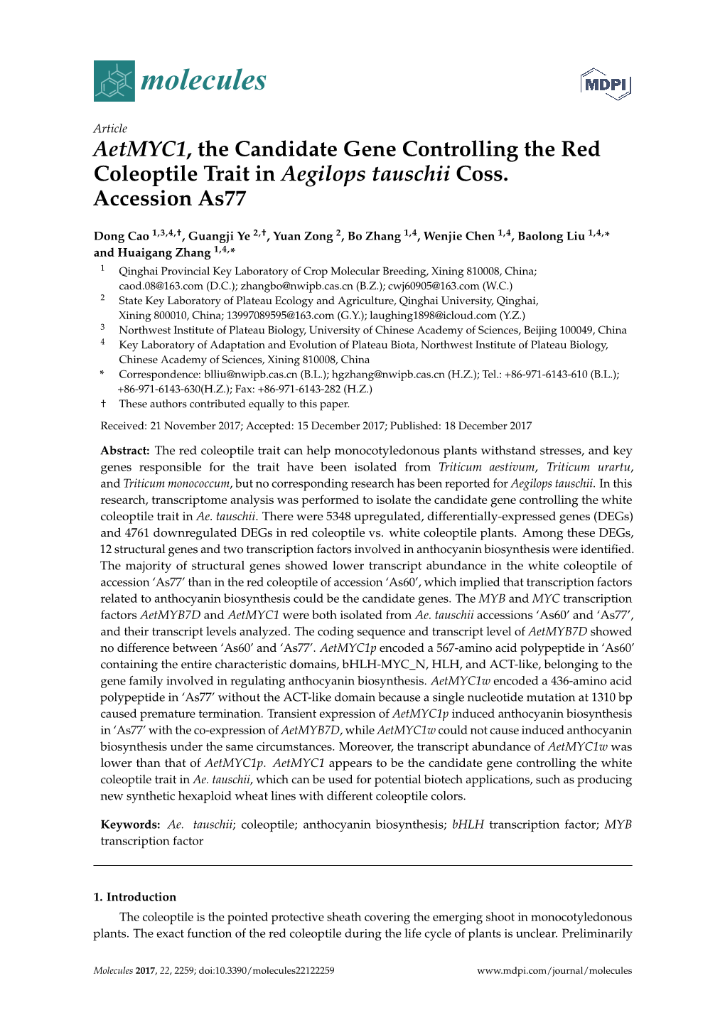 Aetmyc1, the Candidate Gene Controlling the Red Coleoptile Trait in Aegilops Tauschii Coss