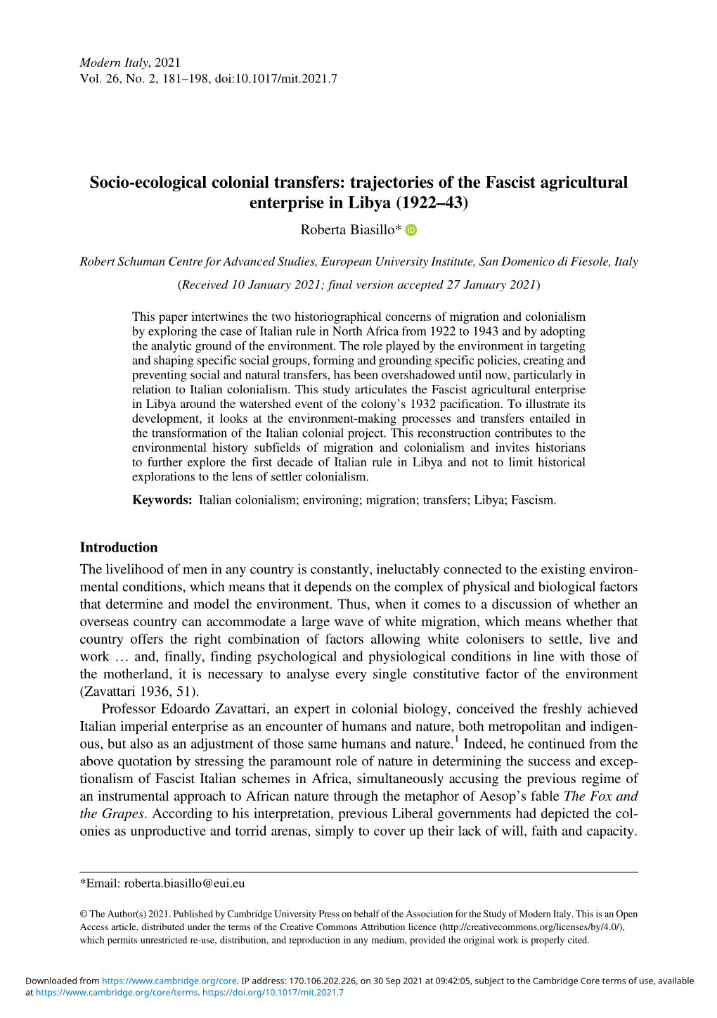 Socio-Ecological Colonial Transfers: Trajectories of the Fascist Agricultural Enterprise in Libya (1922–43) Roberta Biasillo*