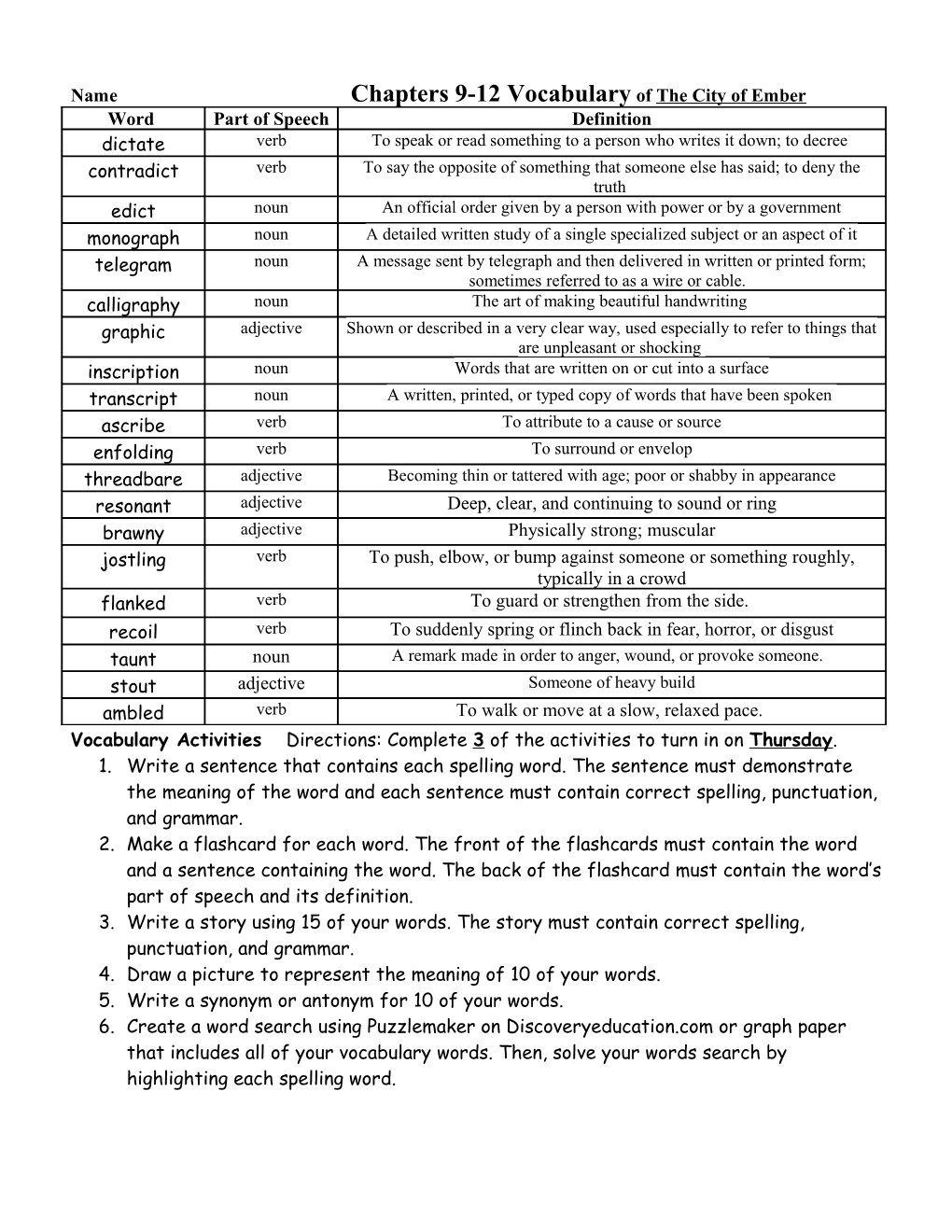 Name Chapters 9-12 Vocabulary of the City of Ember