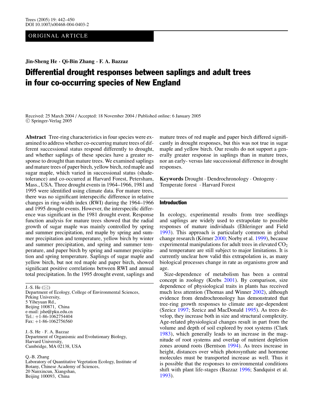 Differential Drought Responses Between Saplings and Adult Trees in Four Co-Occurring Species of New England