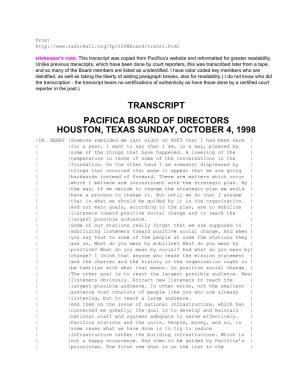Transcript Pacifica Board of Directors Houston, Texas Sunday, October 4, 1998 |Dr