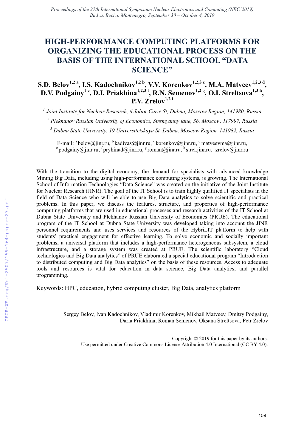 High-Performance Computing Platforms for Organizing the Educational Process on the Basis of the International School “Data Science” S.D