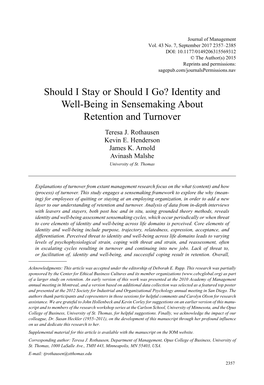 Should I Stay Or Should I Go? Identity and Well-Being in Sensemaking About Retention and Turnover