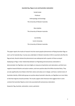 1 Australia Day, Flags on Cars and Australian Nationalism Farida Fozdar Professor Anthropology and Sociology the University of W