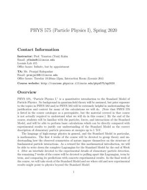 PHYS 575 (Particle Physics I), Spring 2020