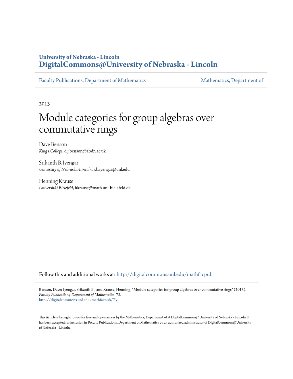 Module Categories for Group Algebras Over Commutative Rings Dave Benson King’S College, D.J.Benson@Abdn.Ac.Uk