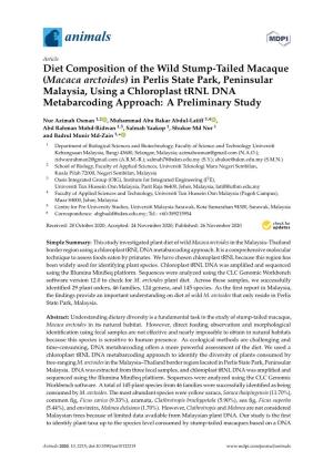 Diet Composition of the Wild Stump-Tailed Macaque (Macaca Arctoides) in Perlis State Park, Peninsular Malaysia, Using a Chloropl