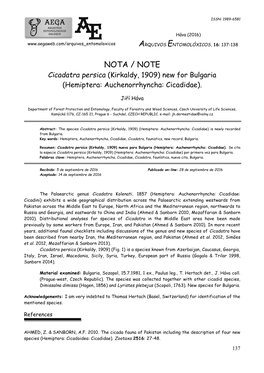 NOTA / NOTE Cicadatra Persica (Kirkaldy, 1909) New for Bulgaria (Hemiptera: Auchenorrhyncha: Cicadidae)