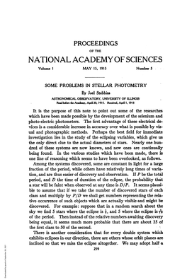 SOME PROBLEMS in STELLAR PHOTOMETRY by Joel Stebbins ASTRONOMICAL OBSERVATORY, UNIVERSITY of ILLINOIS Readbefore Tbe Aadmy, April20, 1915