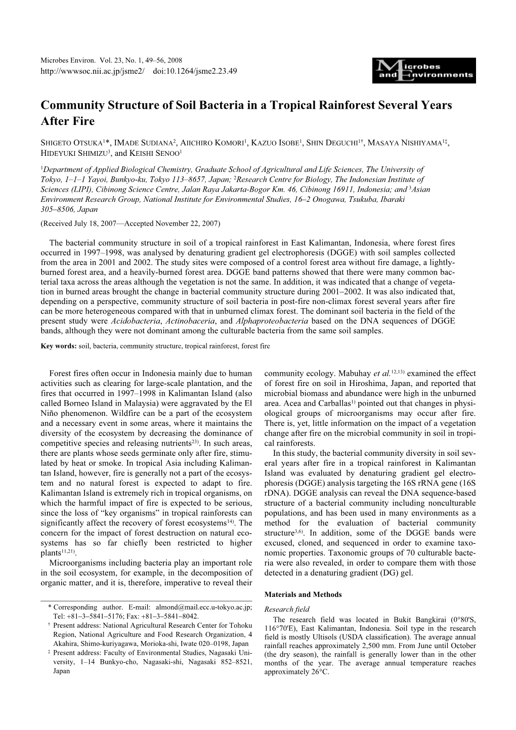 Community Structure of Soil Bacteria in a Tropical Rainforest Several Years After Fire