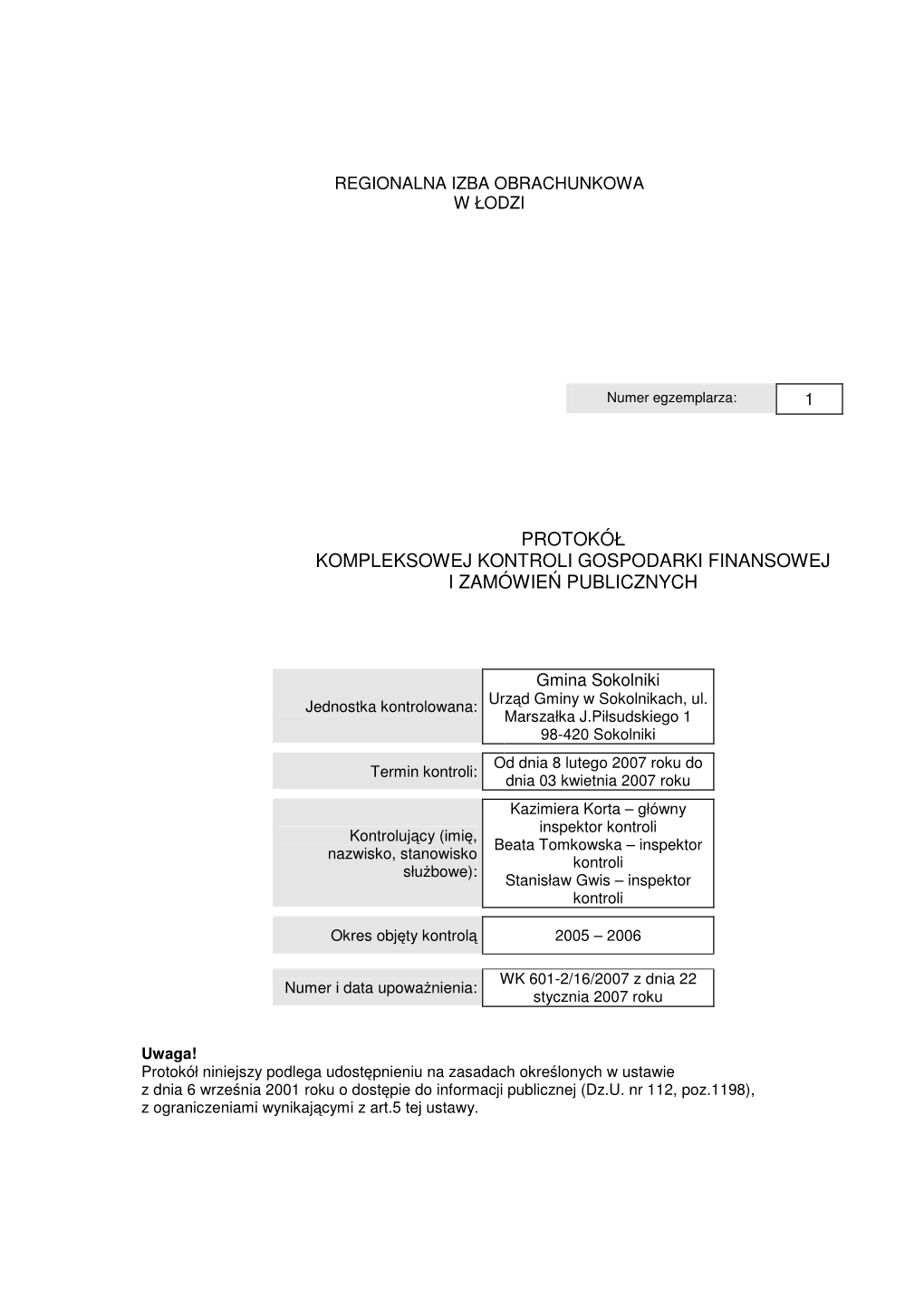 Protokół Kompleksowej Kontroli Gospodarki Finansowej I Zamówień Publicznych