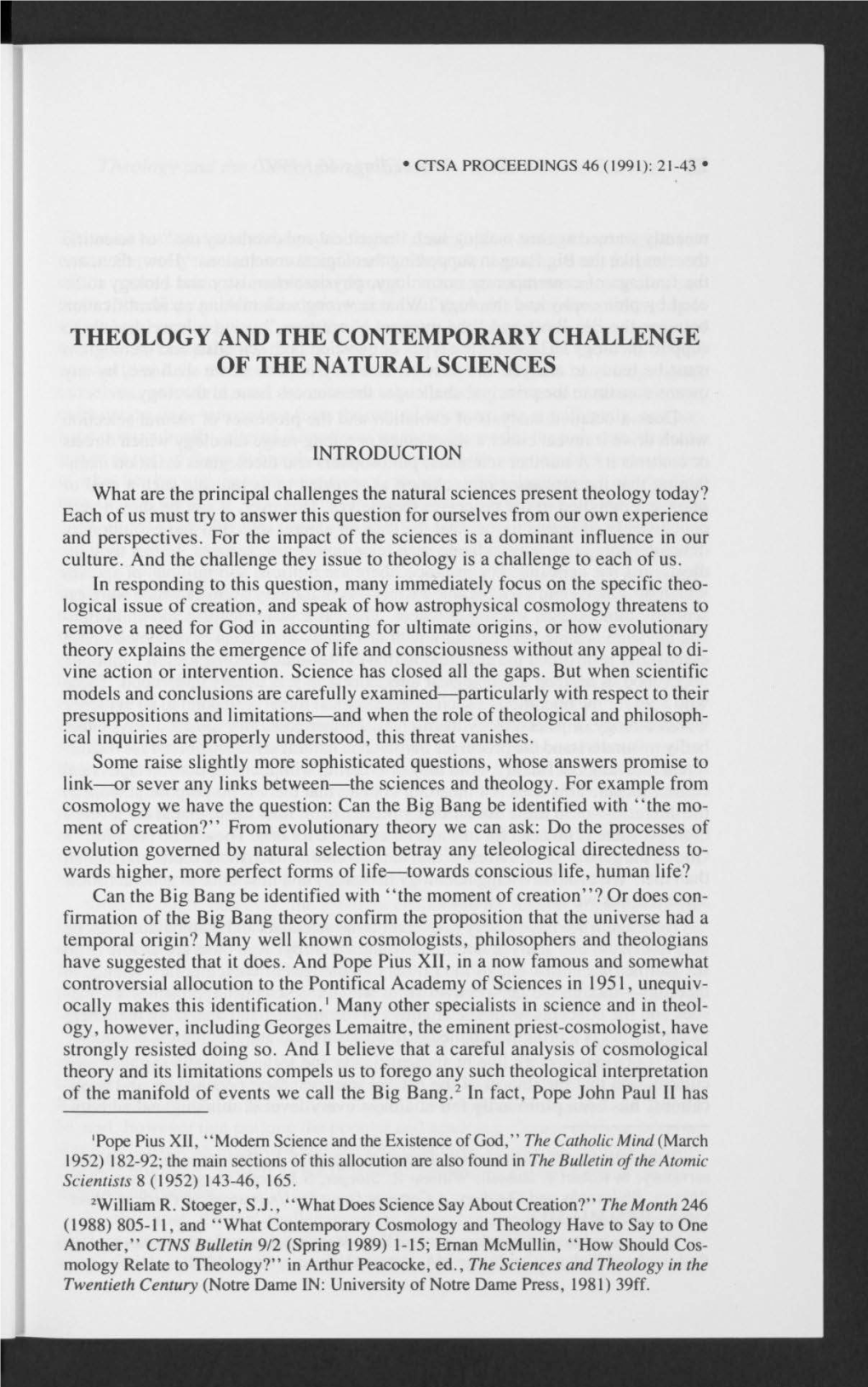 Theology and the Contemporary Challenge of the Natural Sciences