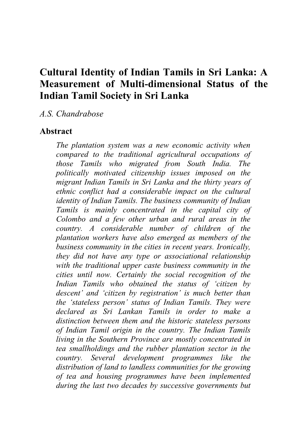 Cultural Identity of the Indian Tamils in Sri Lanka by A.S. Chandrabose