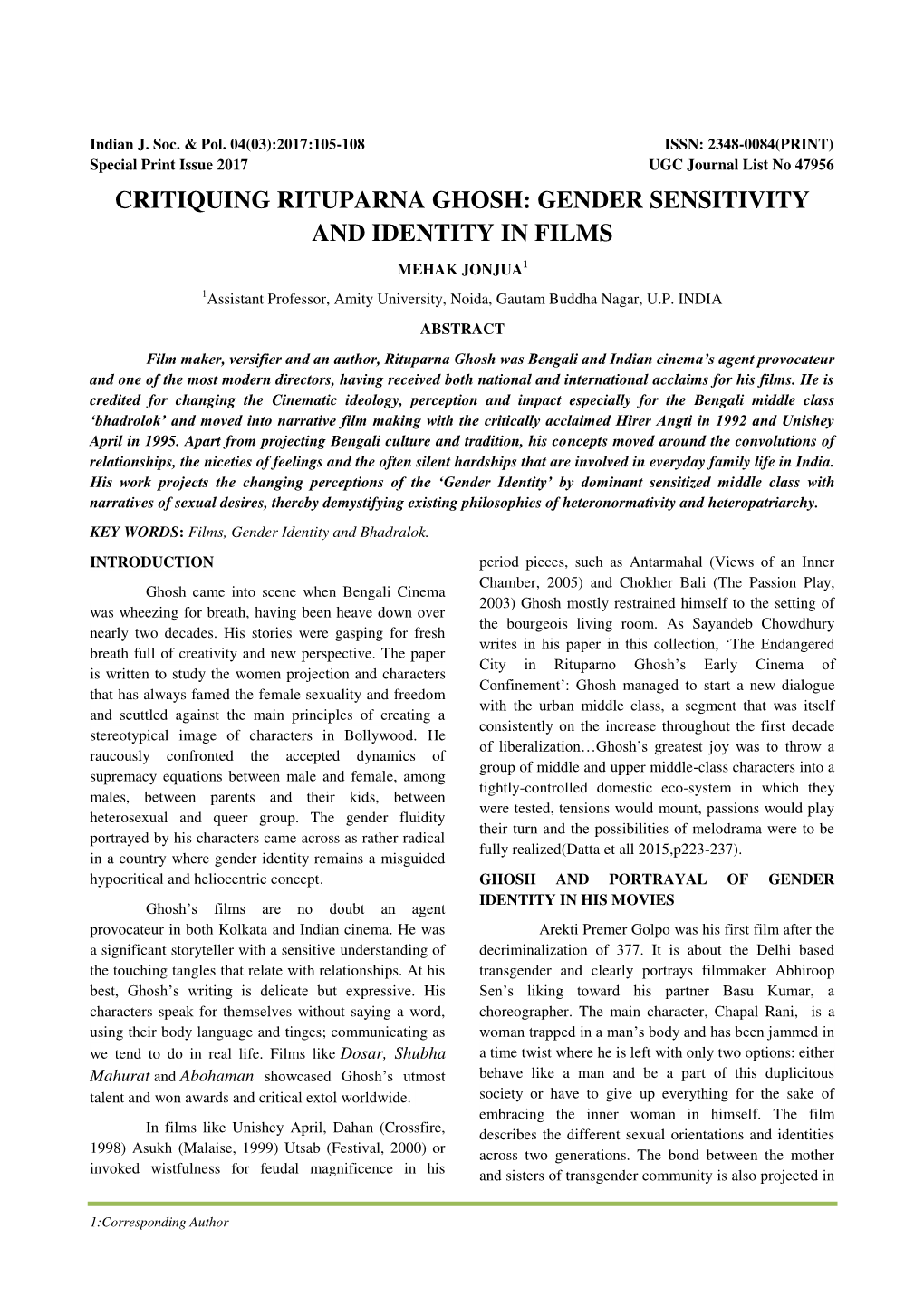 Critiquing Rituparna Ghosh: Gender Sensitivity and Identity in Films