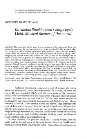 Karlheinz Stockhausen's Stage Cycle Licht. Musical Theatre of the World